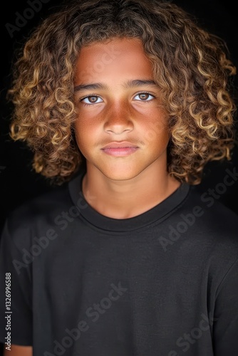 A young boy with curly hair stands still, looking directly at the viewer with a confident expression. He wears a black t-shirt, and the dark background emphasizes his features