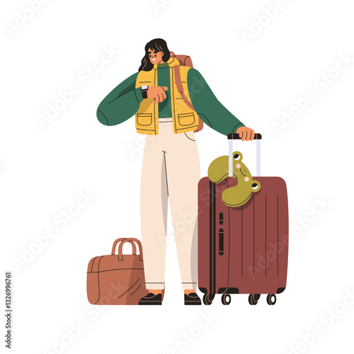 Tourist with suitcase, travel bag, waiting for flight departure, checking time with watch. Happy woman passenger with hand baggage, luggage. Flat vector illustration isolated on white background