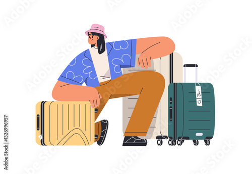 Tourist with wheeled suitcases. Happy passenger sitting by travel bags, luggage. Smiling traveler waiting with baggage, ready for holiday. Flat vector illustration isolated on white background