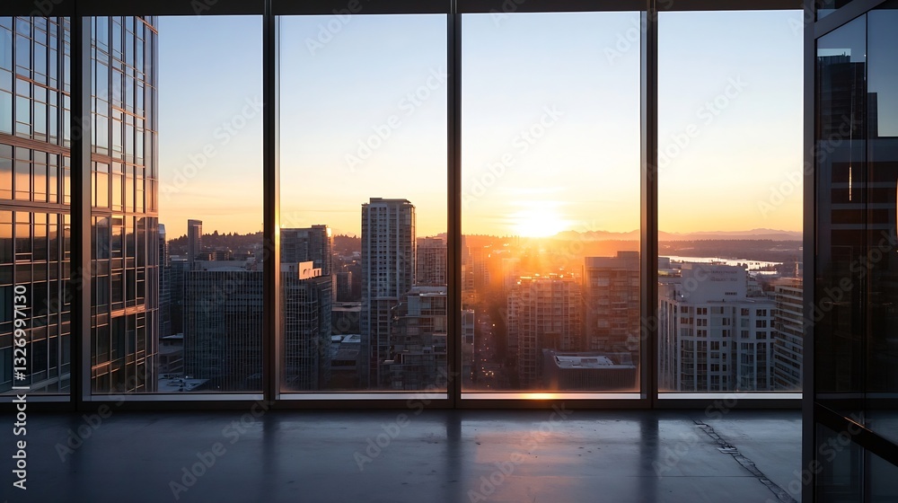 Fototapeta premium Stunning urban sunset view through glass windows highlighting skyscrapers and vibrant cityscape : Generative AI