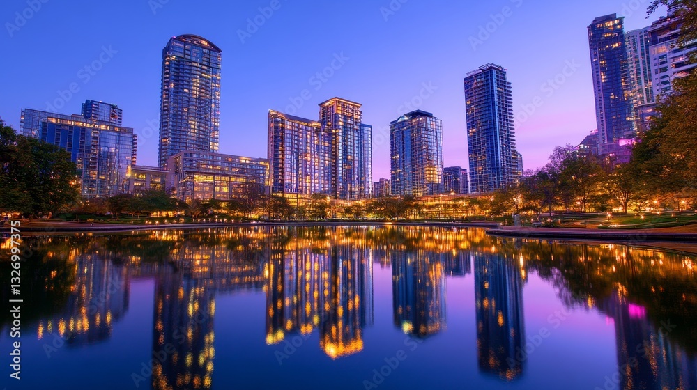 Fototapeta premium City skyline at dusk reflecting in water with illuminated buildings and serene atmosphere