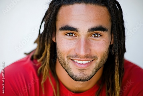 A young man with long dreadlocks is smiling warmly toward the camera. He wears a vibrant red shirt and has a friendly demeanor, set against a plain background