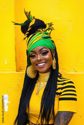 A woman smiles confidently while wearing a yellow and green outfit that showcases her cultural heritage. Her striking accessories and the bright backdrop create an uplifting atmosphere