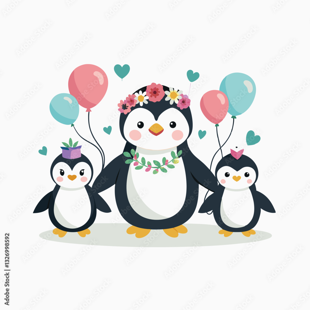 Fototapeta premium Cute penguins in love in childish style with red heart and balloons. animals, valentine day decoration. Vector flat silhouette illustration