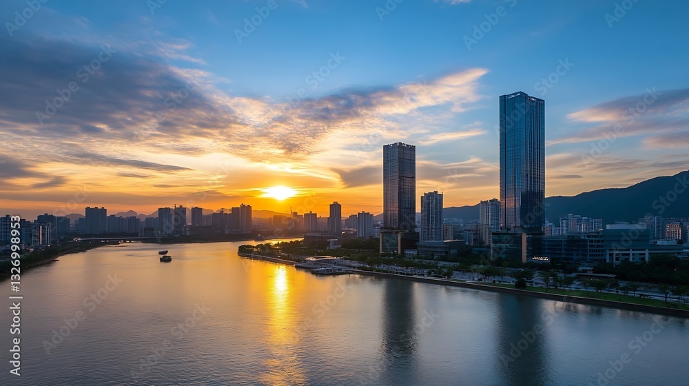 Magnificent sunset skyline view over a modern city reflecting in the calm waters of a river at dusk : Generative AI Magnificent sunset skyline view over a modern city reflecting in the calm waters of a river at dusk : Generative AI