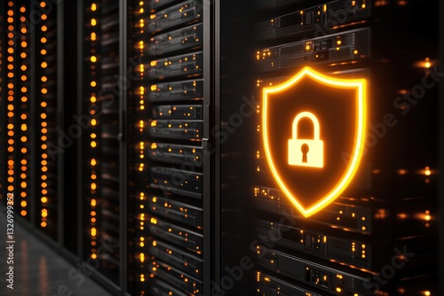 Secure data center features glowing shield symbolizing protection and data safety