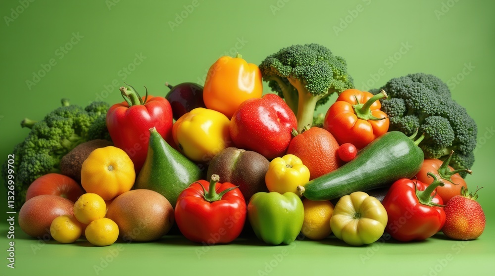 Vibrant colorful vegetables arranged on green background Vibrant colorful vegetables arranged on green background