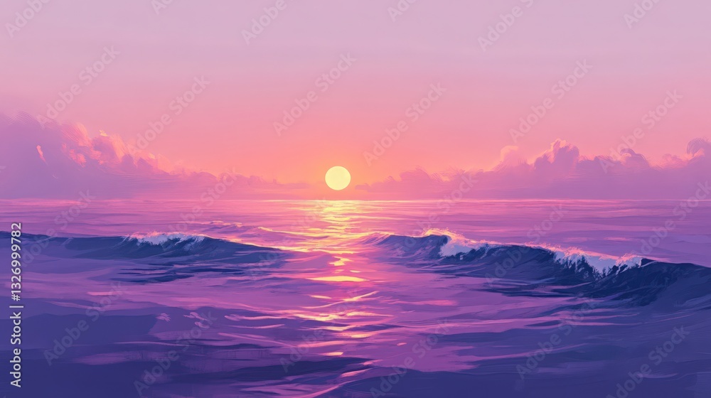 Naklejka premium Tranquil ocean sunset with ethereal clouds in shades of pink and violet