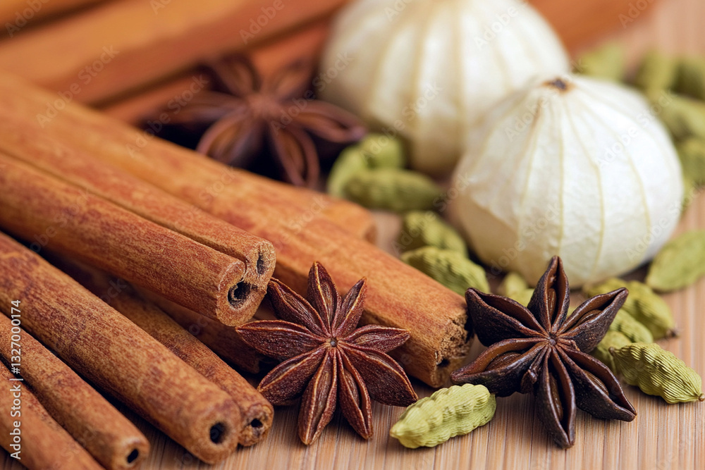 Star anise, cinnamon sticks and cardamom in oriental style Star anise, cinnamon sticks and cardamom in oriental style
