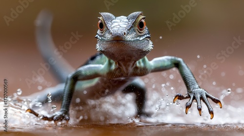 A basilisk lizard running across the water, frozen mid-stride with splashes around its feet