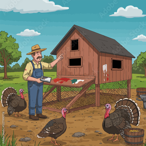 Farmer with Turkeys Inspecting Chicken Coop on Sunny Rural Farm