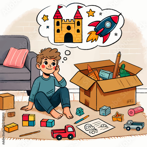 A creative young boy sits on the floor of a cozy living room, imagining castles and rockets as he plays with colorful toys, letting his imagination run free in a playful, dreamy setting.
