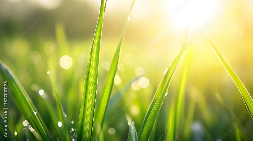 Obraz premium Vibrant Green Grass Blades Covered with Dew Sparkling in Morning Sunlight Warmth : Generative AI