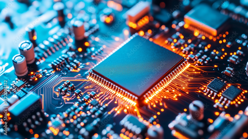 Futuristic circuit board with glowing microchip Futuristic circuit board with glowing microchip