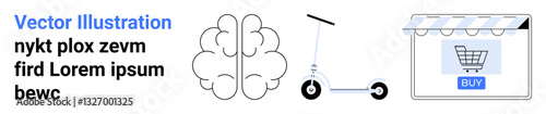 Brain symbolizing creativity, electric scooter for modern transportation, and e-commerce storefront for digital shopping. Ideal for innovation, technology, transportation, creativity, online
