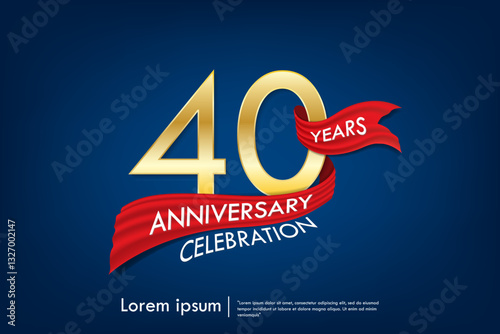 40th years anniversary celebration emblem. elegant golden anniversary logo isolated with red ribbon on dark blue background. vector illustration template design for web, flyers, poster, greeting card