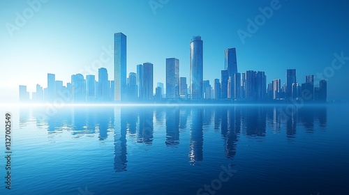 Stunning Cityscape Reflection Modern Skyscrapers at Dawn Over Calm Water