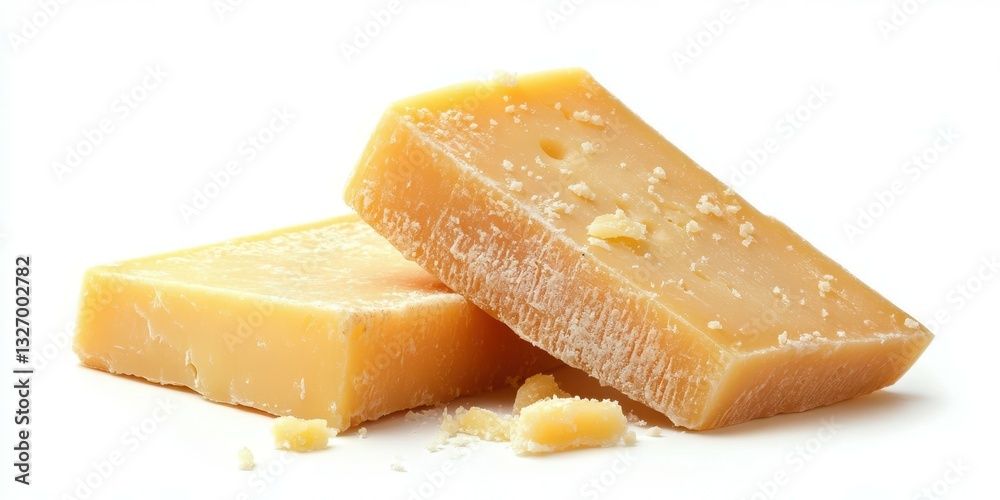 Delicious yellow cheese blocks on a white background ready for culinary creations and cheese lovers' enjoyment Delicious yellow cheese blocks on a white background ready for culinary creations and cheese lovers' enjoyment