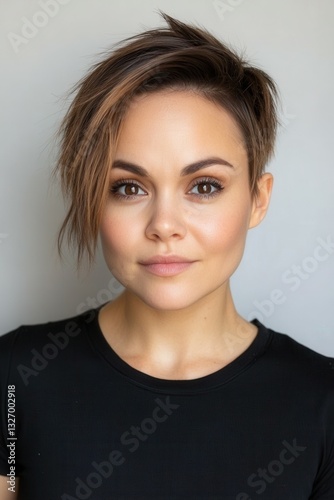 A young woman with short, styled hair smiles confidently while wearing a simple black shirt. Her natural makeup highlights her features and complements the neutral backdrop, creating a relaxed vibe