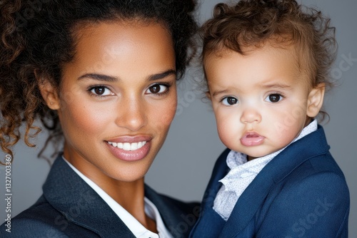A woman with curly hair dressed in a business suit enjoys a moment with a toddler also wearing a formal outfit. Both have cheerful expressions against a simple backdrop