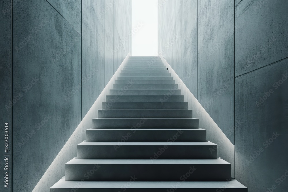 Modern stairway leading to bright light through minimalist architecture in a security setting Modern stairway leading to bright light through minimalist architecture in a security setting