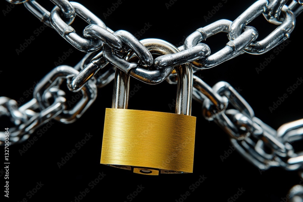 Close up of a metallic chain secured with a golden padlock against a dark background Close up of a metallic chain secured with a golden padlock against a dark background