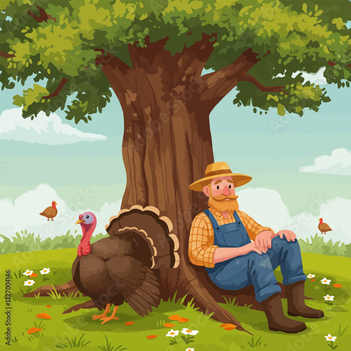 Farmer Resting Under Tree with Turkey on Green Meadow Illustration