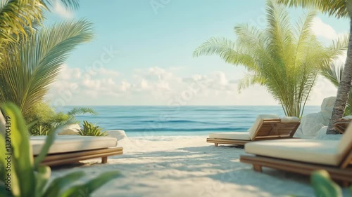Relaxing beach atmosphere with sun loungers and serene ocean view during a sunny day