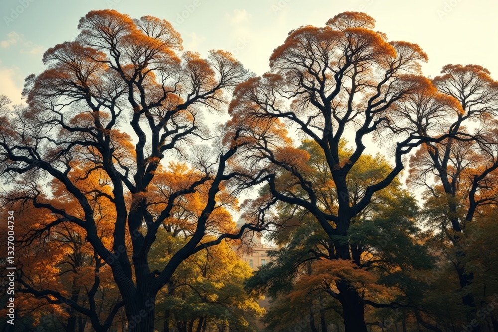Fototapeta premium trees with yellow leaves in a park with a sky background