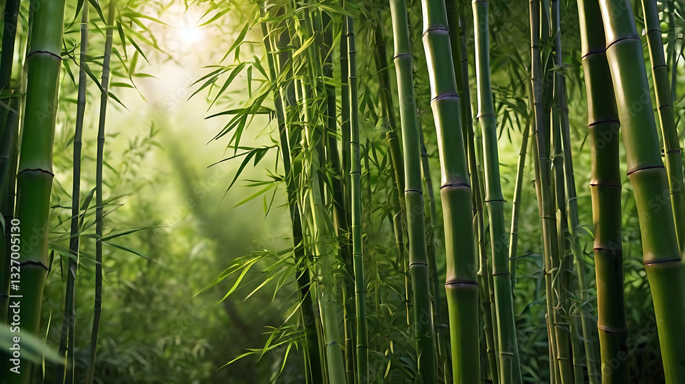 Fototapeta premium Tranquil bamboo forest background with warm sunlight rays