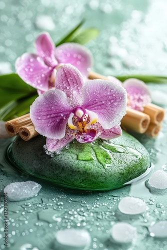 spa stones water drops and flowers. Selective focus.