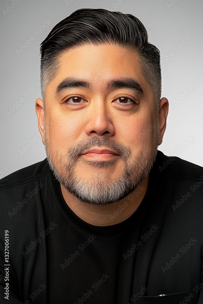 Obraz premium A man with a neatly groomed beard and modern hairstyle looks directly at the viewer, displaying a composed expression. His black shirt adds to the simplicity of the neutral background