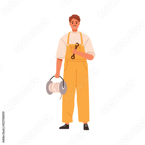 Technician, repair worker. Professional repairman, builder standing, holding coiled rope, cable and wrench. Master with work tools in hands. Flat vector illustration isolated on white background