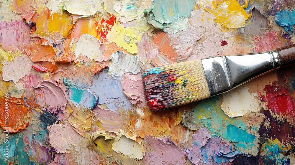 Fototapeta premium Paintbrush on colorful oil paint palette.