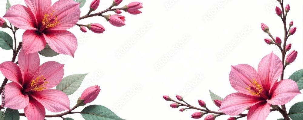 Fototapeta premium Floral frame, delicate branches, vibrant petals, leaves White background , colorful, stationery, design element