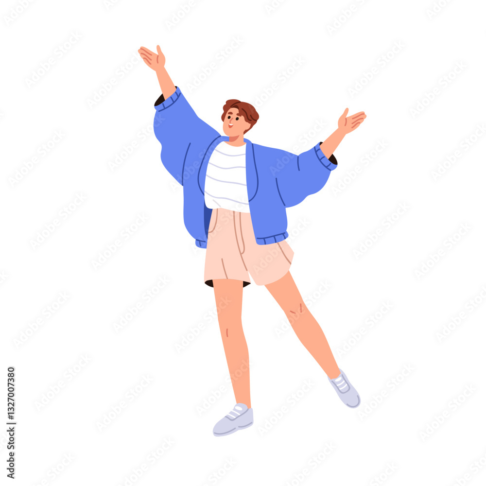 Happy woman with arms raised, looking up, gesturing with hands. Inspired female in open pose, reciting, singing with excited expression. Flat vector illustration isolated on white background Happy woman with arms raised, looking up, gesturing with hands. Inspired female in open pose, reciting, singing with excited expression. Flat vector illustration isolated on white background