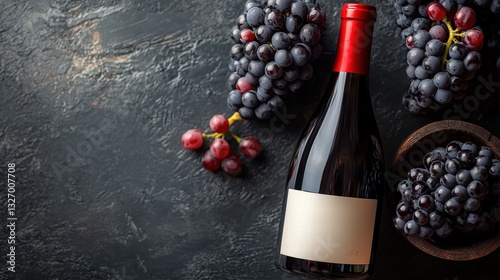 Beautifully arranged bottle of wine surrounded by fresh grapes captured in realistic photography with copy space available