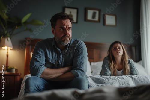 mad man perches in bed arms locked woman lies in bed two appear sour might be row tiff home air tight feel couple woes seen  
