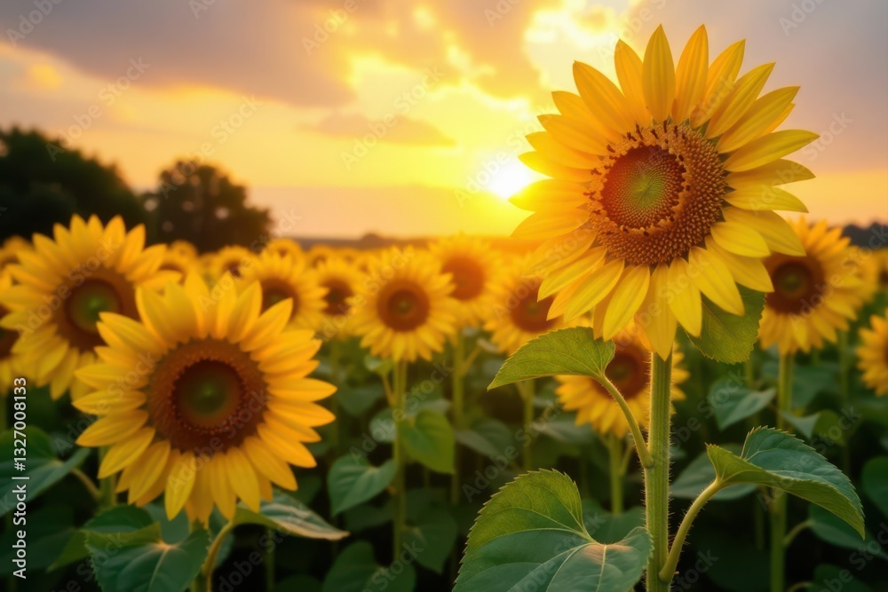 Obraz premium Golden hour sun bathes vibrant sunflowers, creating a stunning summer vista , wallpaper, rural