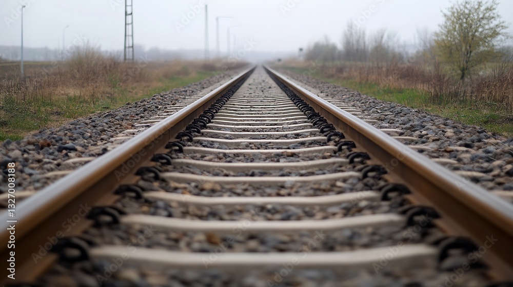Close up perspective of railway tracks leading into a foggy landscape during a tranquil morning : Generative AI