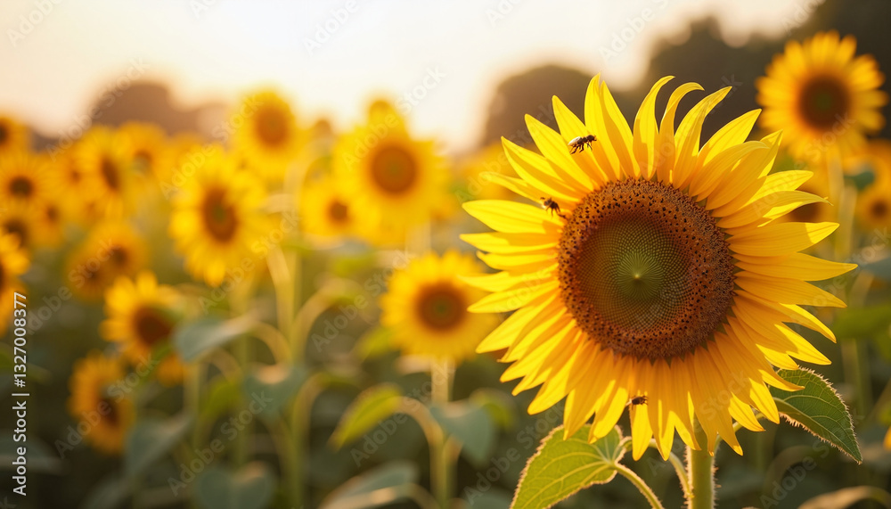Sunflower blooming with bees in vibrant field Sunflower blooming with bees in vibrant field