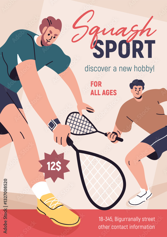 Fototapeta premium Squash, sport club, flyer design. Court game, promotion card, promo banner, advertising poster. Athlete players with rackets, advertisement, flier and placard template. Flat vector illustration