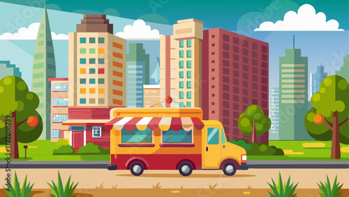 food truck parked near the park entrance, with high-rise apartments in the distance.