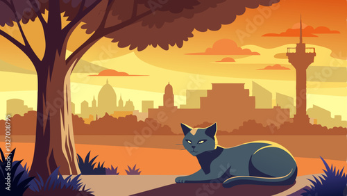 stray cat resting under a tree, with the silhouette of an iconic urban landmark in the background.