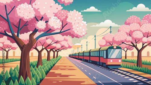 row of cherry blossom trees in full bloom, with a tram passing by in the background.