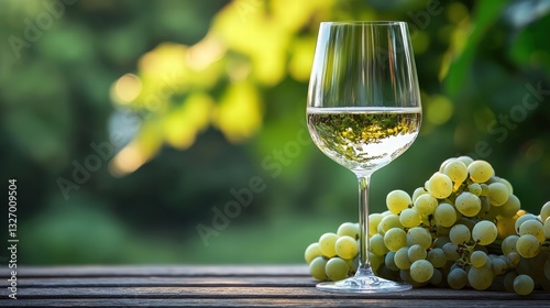 Crisp glass of sauvignon blanc wine with fresh grapes captured in realistic photography with ample copy space available