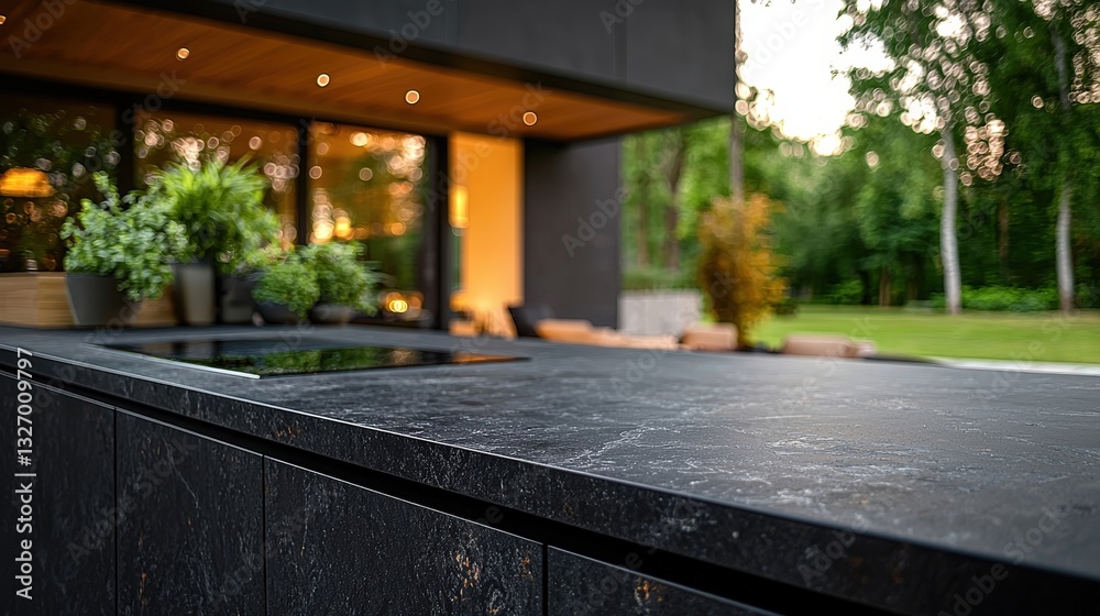 Fototapeta premium Modern Outdoor Kitchen with Black Stone Countertop and Greenery