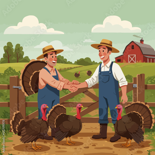 Farmers Handshaking with Turkeys on a Farm Vector Illustration