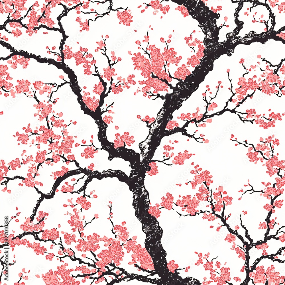 Fototapeta premium Cherry Blossom Seamless Pattern: A Whimsical Floral Design with Delicate Pink Blossoms and Dark Branches.