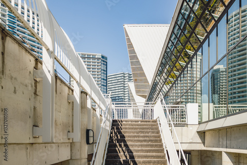 Yokohama cityscape: stairs leading to modern architecture.